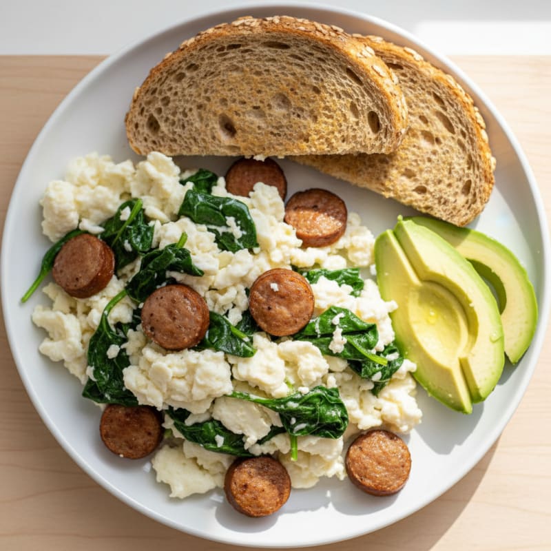 Egg White Spinach Scramble with Turkey Sausage