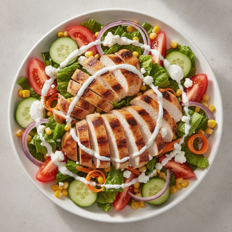 Grilled Chicken Breast Salad with Lettuce, Tomato, Red Onion, and Corn