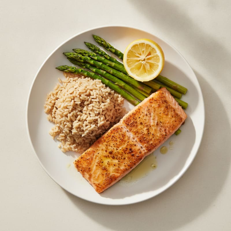 Seared Salmon with Steamed Asparagus and Brown Rice