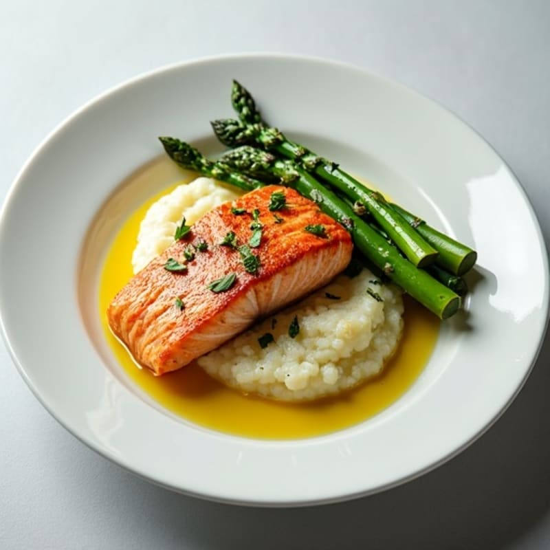Seared Salmon with Steamed Asparagus and Cauliflower Mash