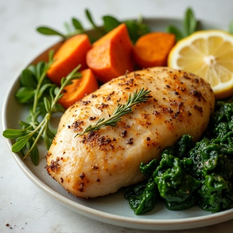 Lemon Herb Chicken with Tender Sautéed Chard and Roasted Sweet Potatoes