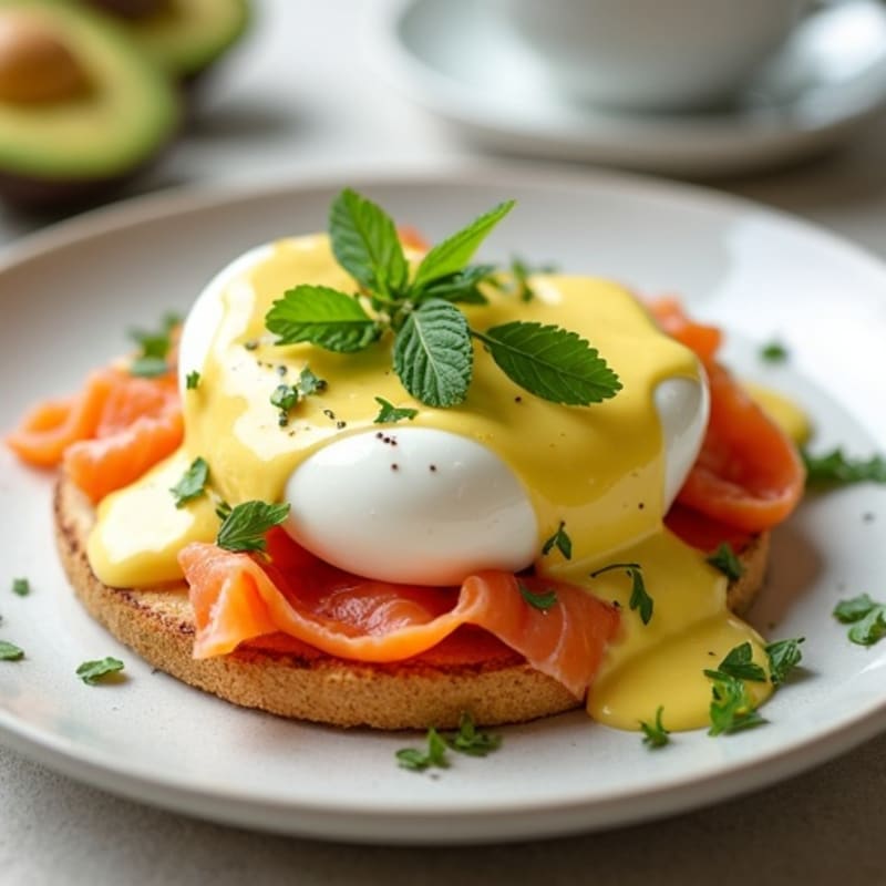 Poached Eggs with Smoked Salmon and Creamy Avocado Hollandaise