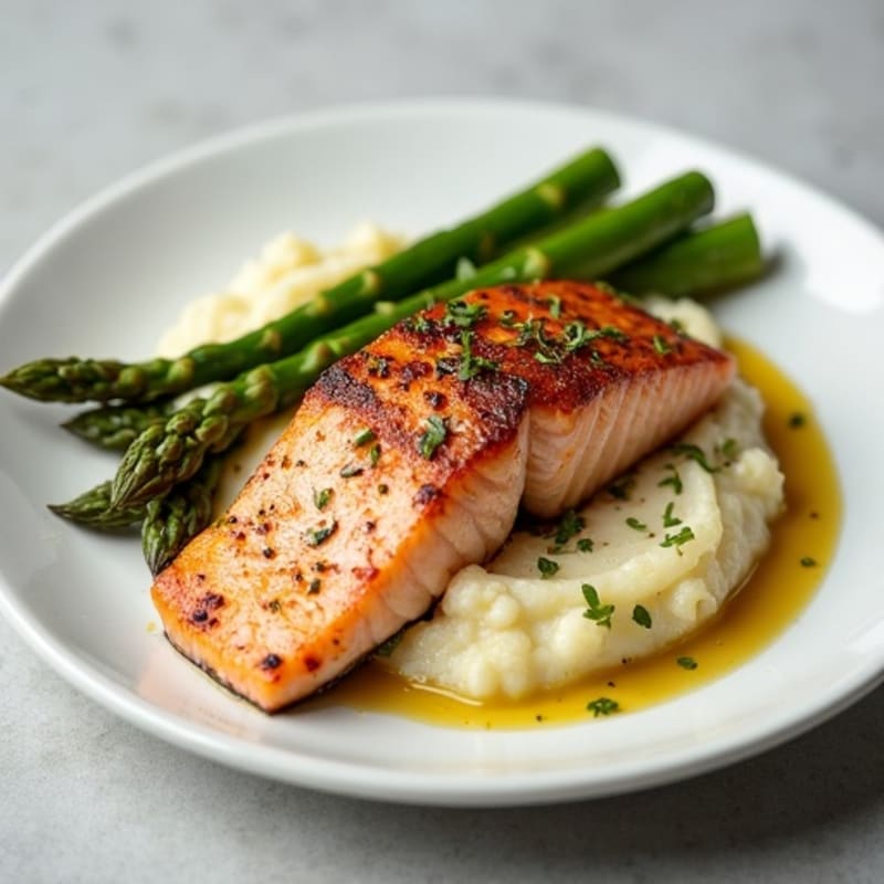 Seared Salmon with Steamed Asparagus and Cauliflower Mash