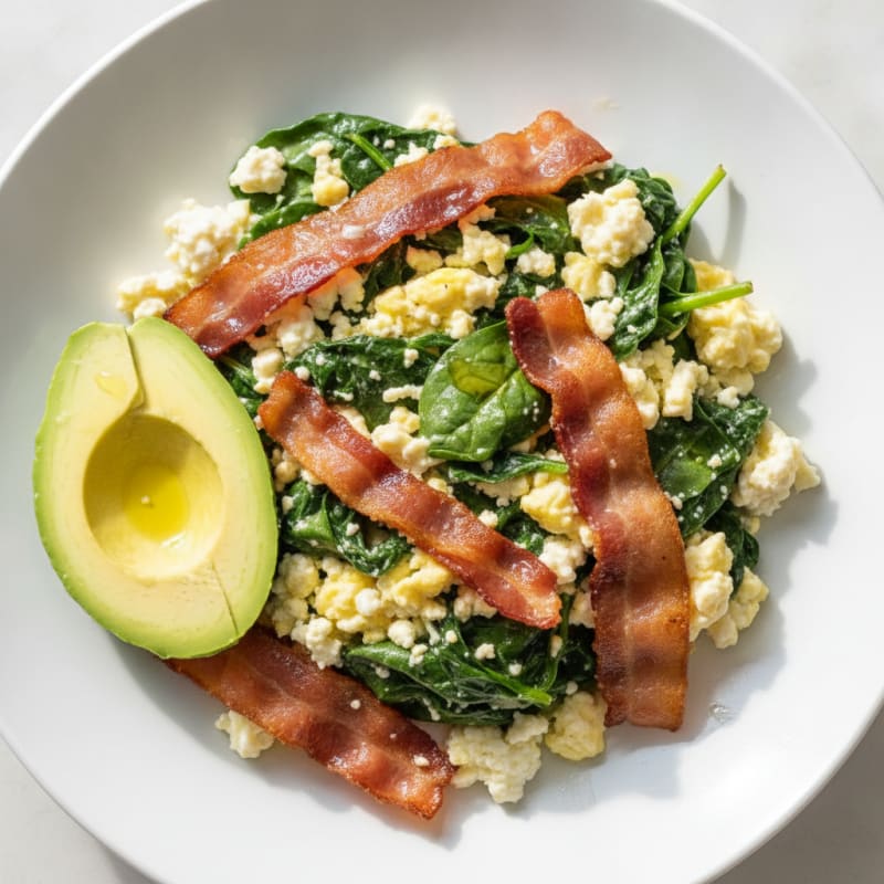 Cottage Cheese Scramble with Spinach and Turkey Bacon