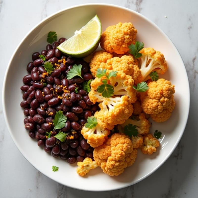 Crispy Roasted Cauliflower with Spiced Black Beans