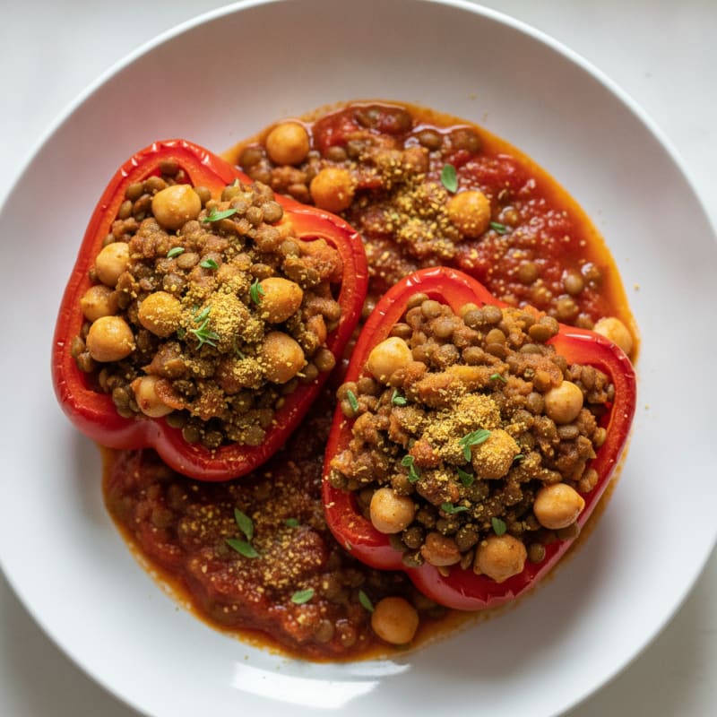 Lentil and Chickpea Stuffed Peppers with Tomato Herb Sauce