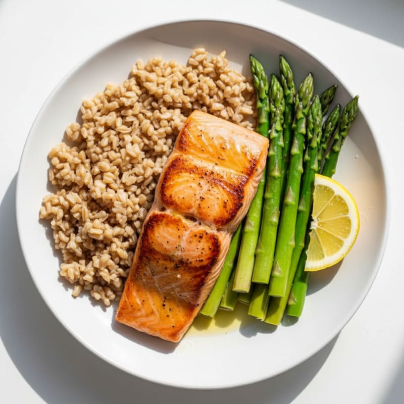 Seared Salmon with Steamed Asparagus and Brown Rice