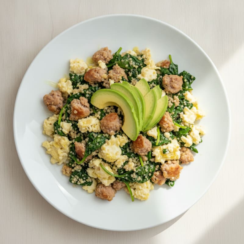 Egg White and Turkey Sausage Scramble with Sautéed Spinach and Quinoa