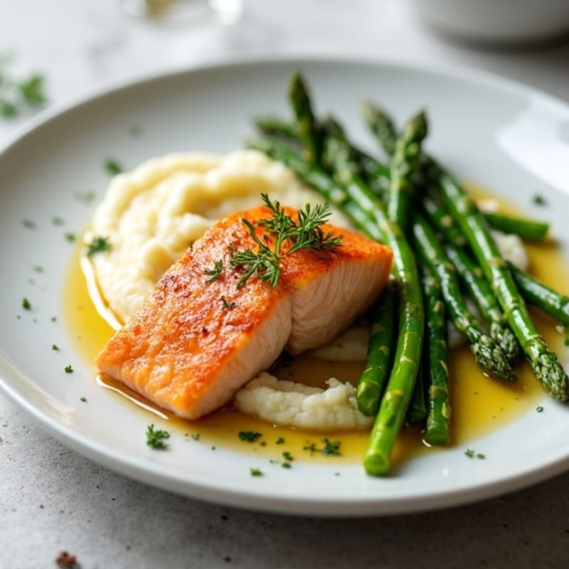 Seared Salmon with Steamed Asparagus and Cauliflower Mash