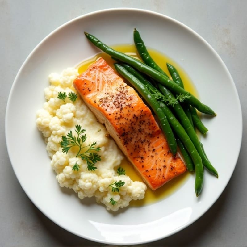 Seared Salmon with Garlic Green Beans and Cauliflower Mash
