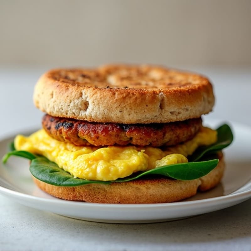 Fluffy Egg, Lean Turkey Sausage, and Spinach Whole Wheat Breakfast Sandwich