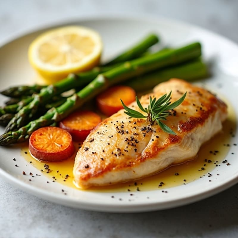 Lemon-Garlic Pan-Seared Chicken with Roasted Asparagus and Sweet Potatoes