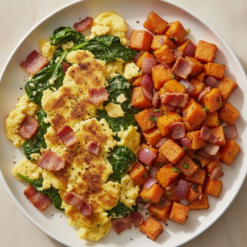 Crispy Turkey Bacon and Spinach Egg Scramble with Sweet Potato Hash