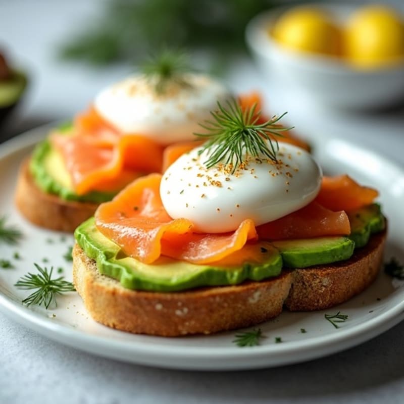 Creamy Avocado and Smoked Salmon Toast with Poached Eggs and Fresh Dill