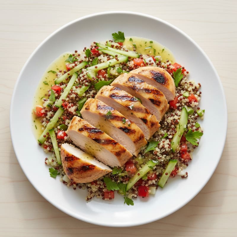 Grilled Chicken Breast with Crunchy Quinoa Salad and Lemon Dressing
