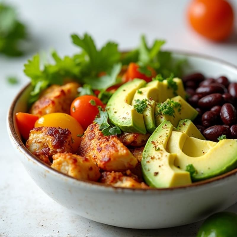 Spicy Lime Chicken Burrito Bowl with Roasted Vegetables and Creamy Avocado