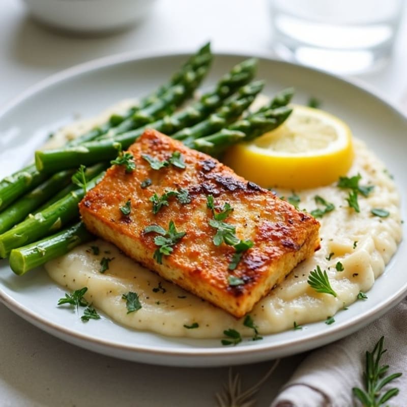 Herb-Marinated Tempeh with Grilled Asparagus and White Bean Mash