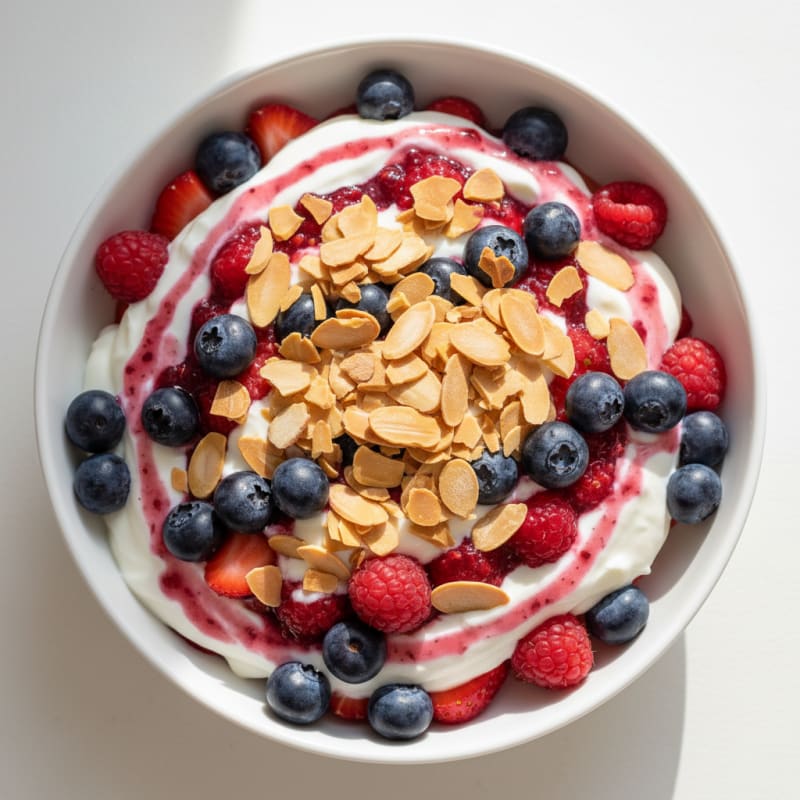 Greek Yogurt Protein Parfait with Mixed Berries and Almonds