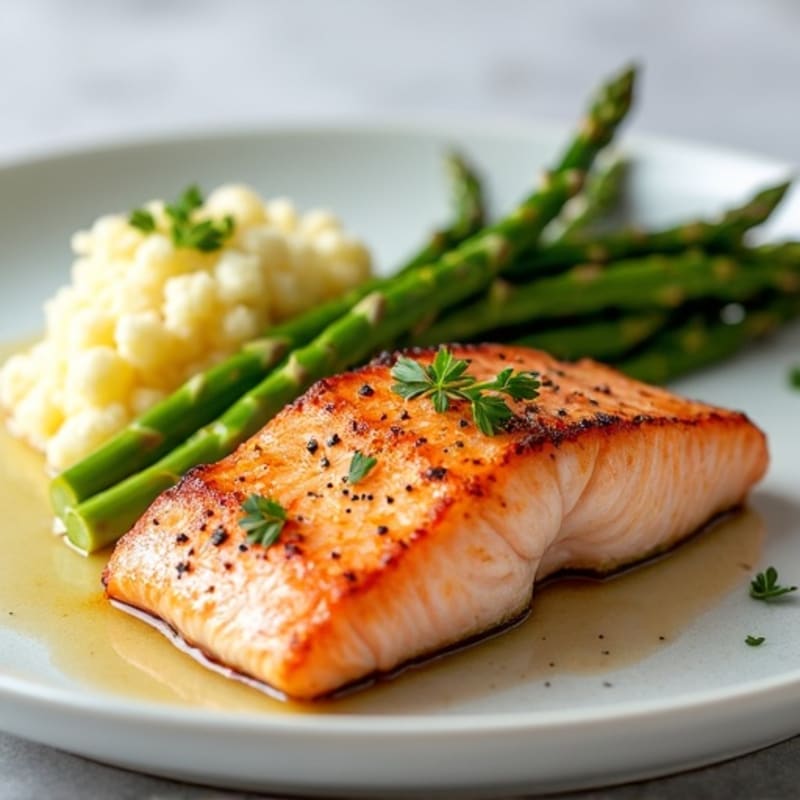 Seared Salmon Fillet with Steamed Asparagus and Cauliflower Mash