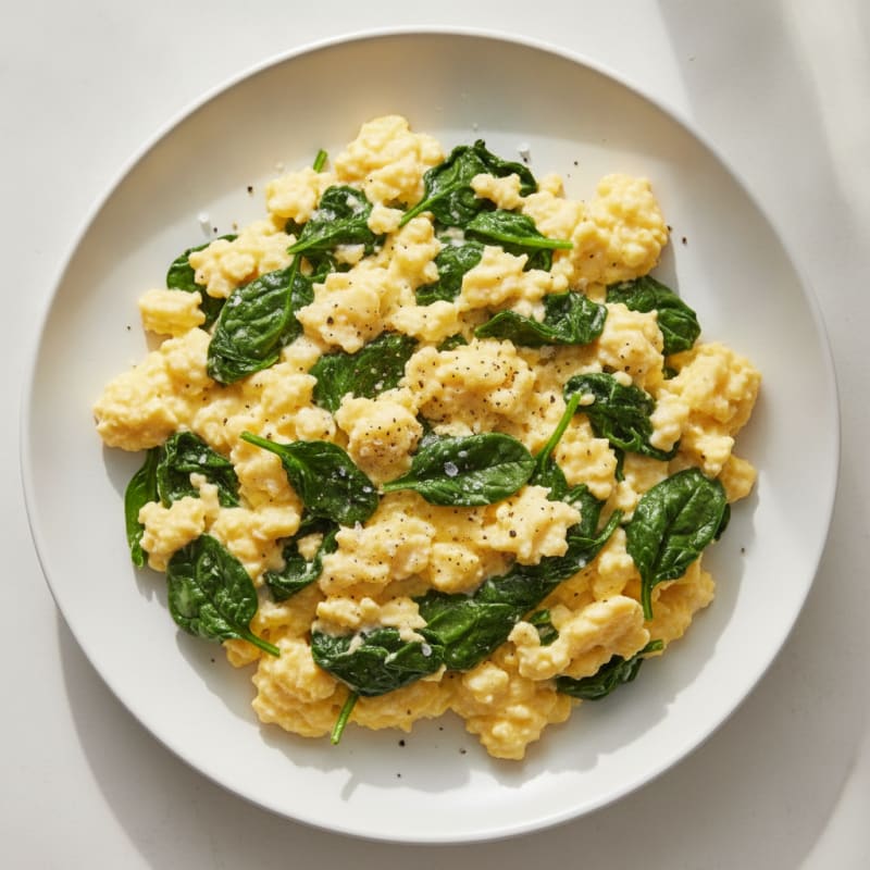 Creamy Scrambled Eggs with Cottage Cheese and Sautéed Spinach