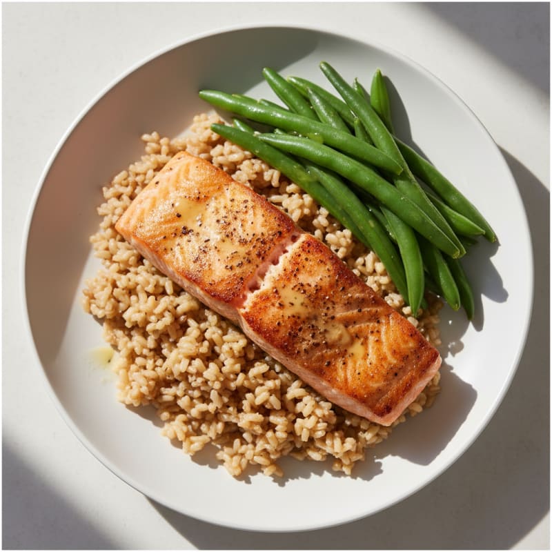 Seared Salmon Fillet with Steamed Green Beans and Brown Rice