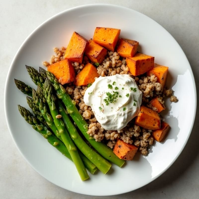 Ground Turkey and Asparagus Stir-Fry with Roasted Sweet Potatoes