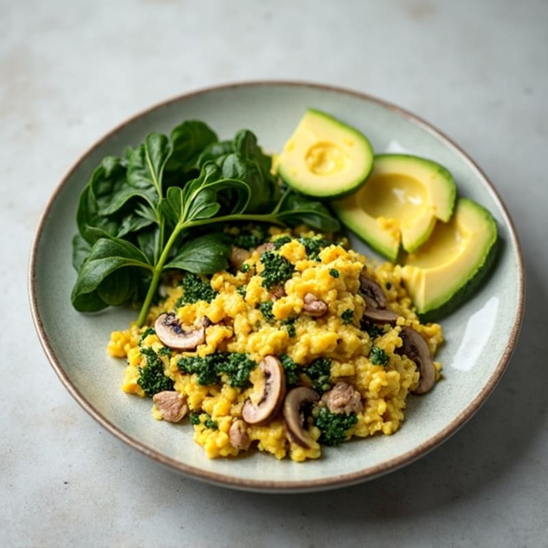 Egg White Spinach Scramble with Turkey and Sautéed Mushrooms