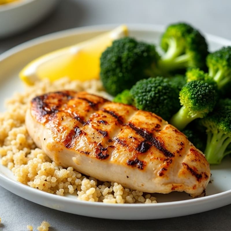 Grilled Lemon-Garlic Chicken Breast with Roasted Broccoli and Quinoa