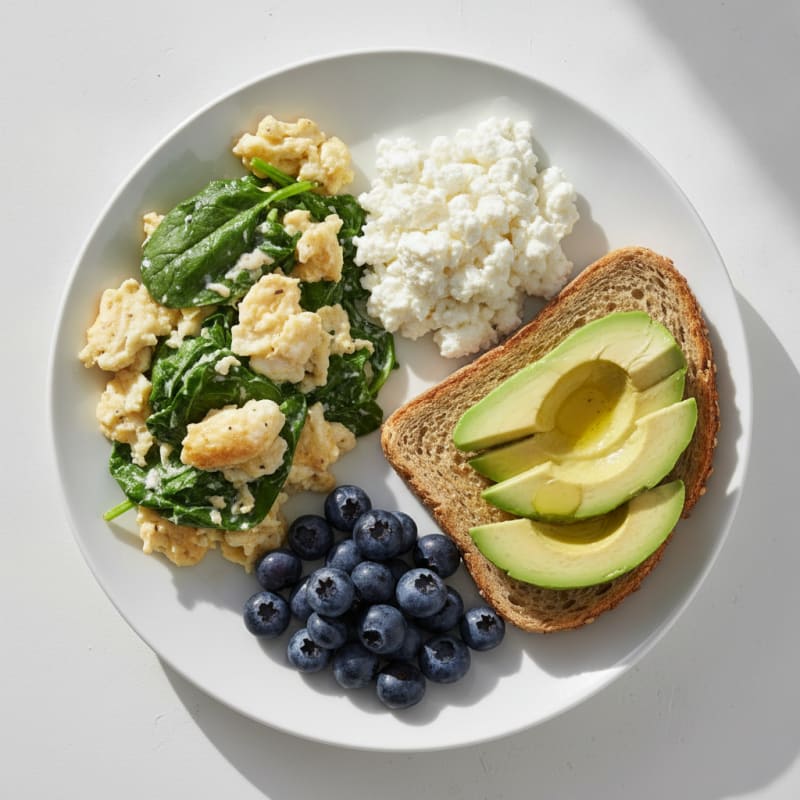 Egg White Spinach Scramble with Cottage Cheese and Berries