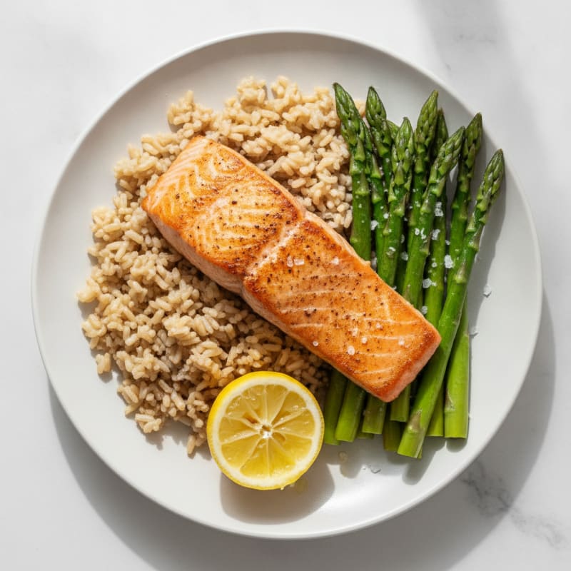 Seared Salmon Fillet with Steamed Asparagus and Brown Rice