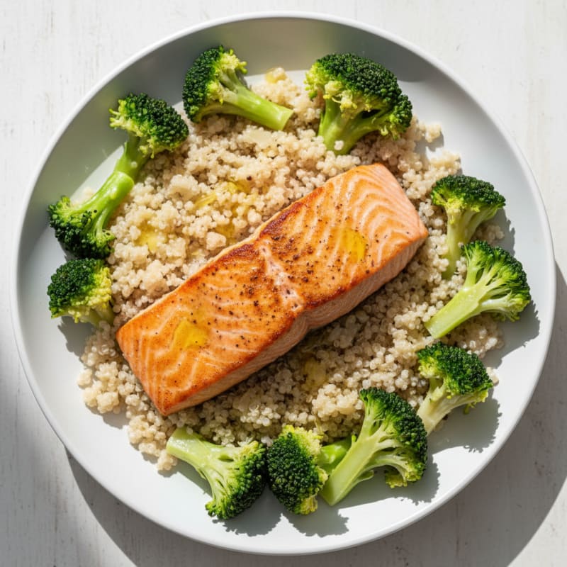 Seared Salmon with Steamed Broccoli and Quinoa