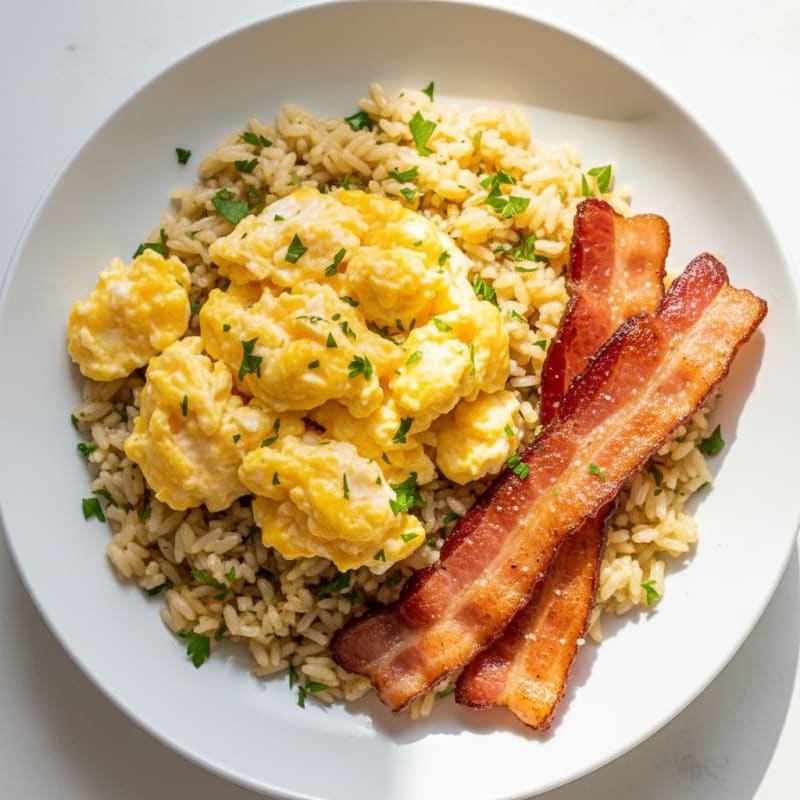 Scrambled Eggs with Crispy Turkey Bacon and Herb Rice
