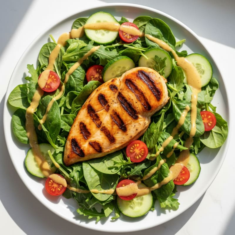 Grilled Chicken Breast with Mixed Greens and Light Honey Mustard Dressing