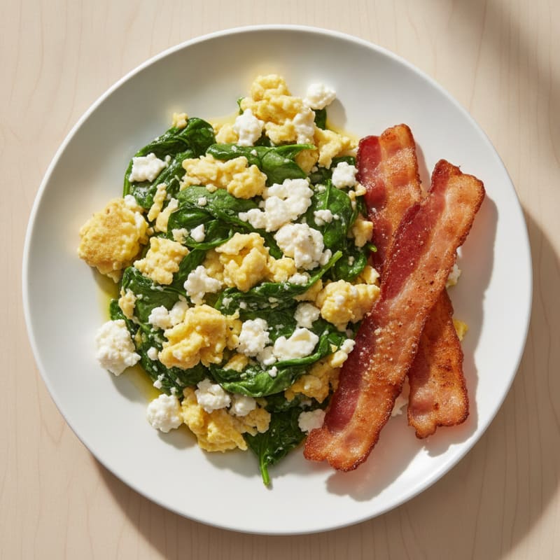 Cottage Cheese Egg Scramble with Spinach and Turkey Bacon