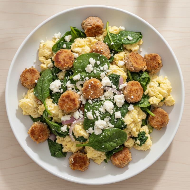 Egg White Scramble with Turkey Sausage and Sautéed Spinach