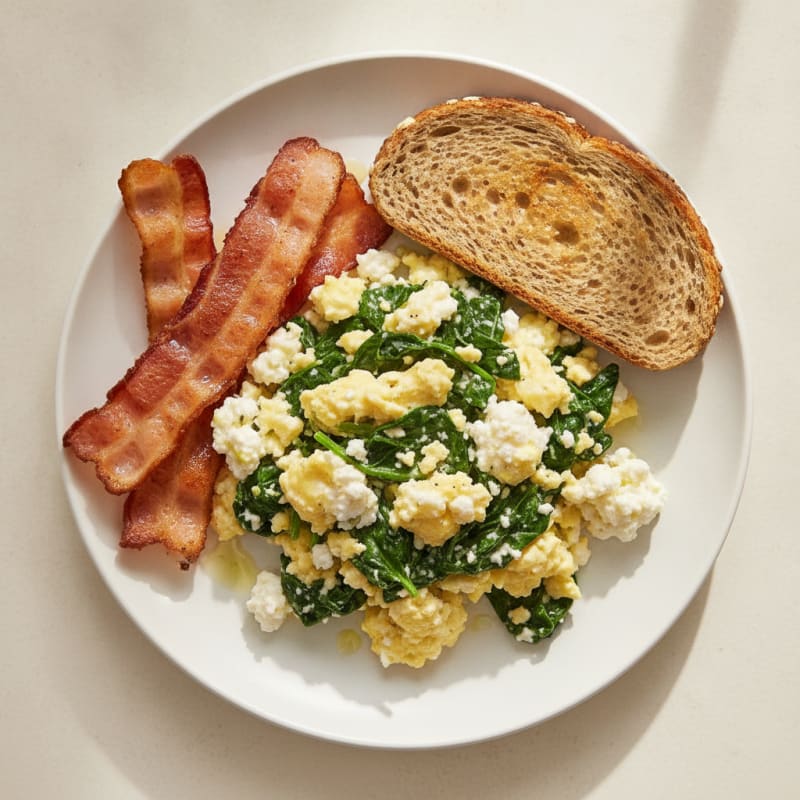 Cottage Cheese Egg Scramble with Turkey Bacon and Spinach
