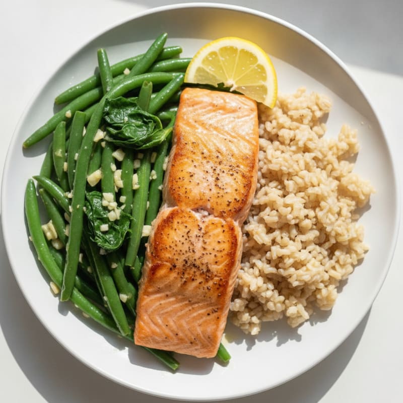 Seared Salmon with Garlic Green Beans and Brown Rice