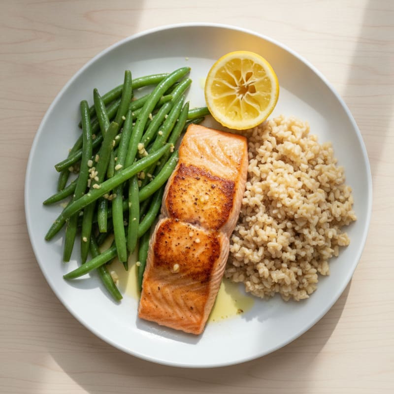 Seared Salmon with Garlic Green Beans and Brown Rice