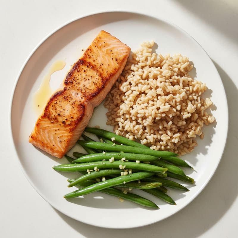 Seared Salmon Fillet with Garlic Green Beans and Brown Rice
