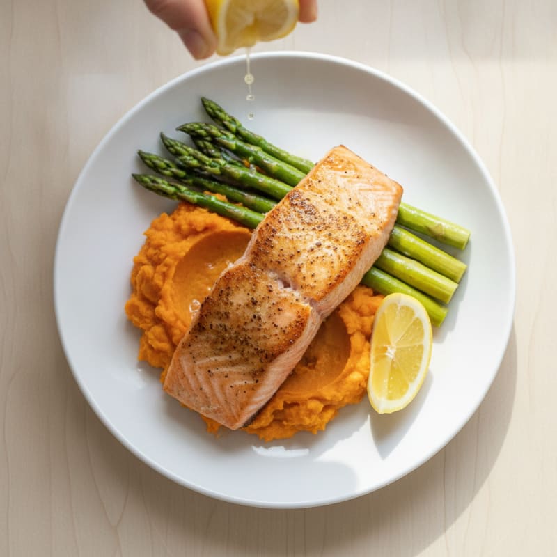 Seared Salmon Fillet with Steamed Asparagus and Mashed Sweet Potato