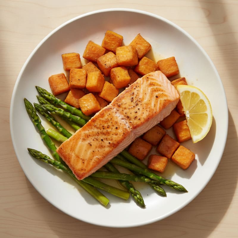 Seared Salmon with Roasted Sweet Potato and Asparagus
