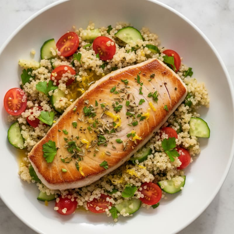 Grilled Lemon Herb Tuna Steak with Quinoa Salad