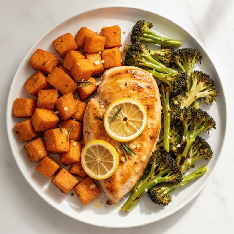 Lemon Herb Chicken Breast with Roasted Sweet Potatoes and Broccoli