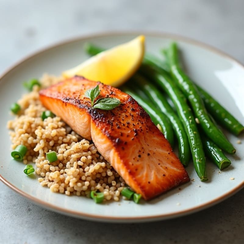 Seared Salmon Fillet with Steamed Green Beans and Brown Rice