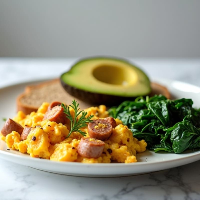 Egg White and Turkey Sausage Scramble with Sautéed Spinach