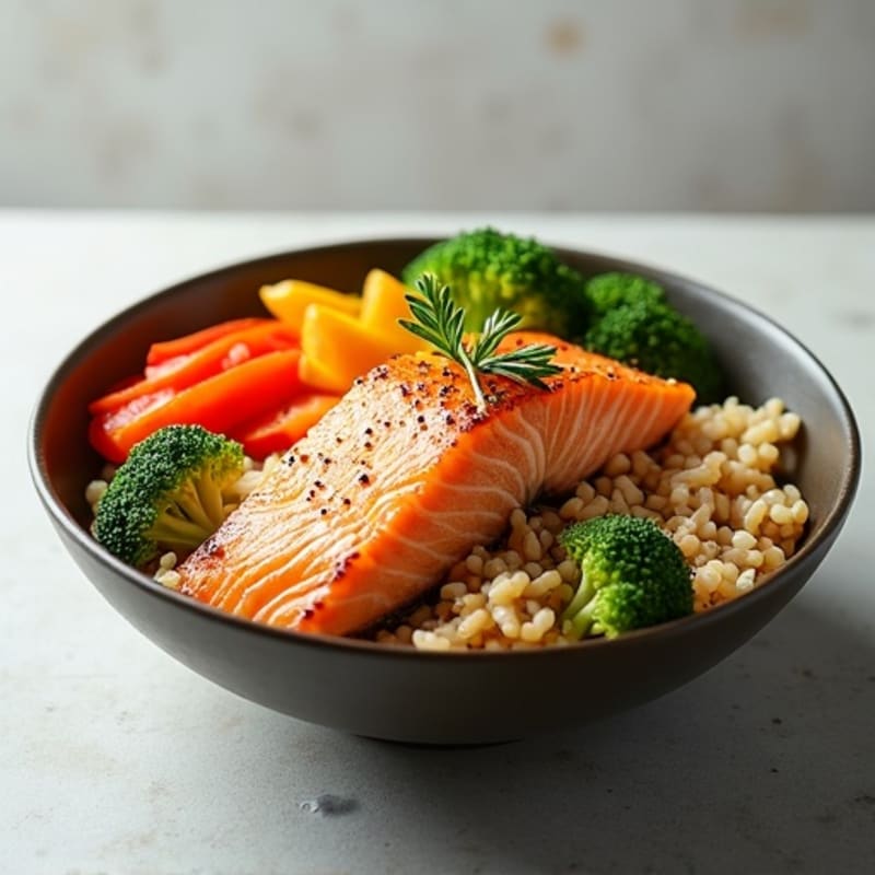 Seared Salmon and Fresh Veggie Rice Bowl