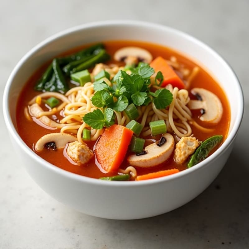 Spicy Sriracha Chicken and Fresh Vegetable Noodle Soup