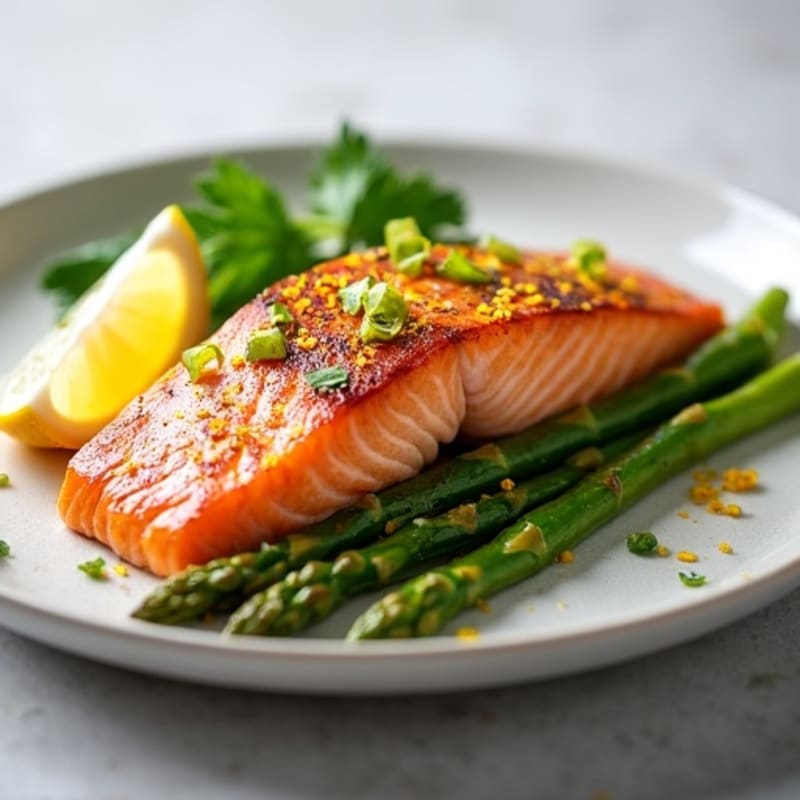 Seared Salmon with Steamed Asparagus and Lemon Zest