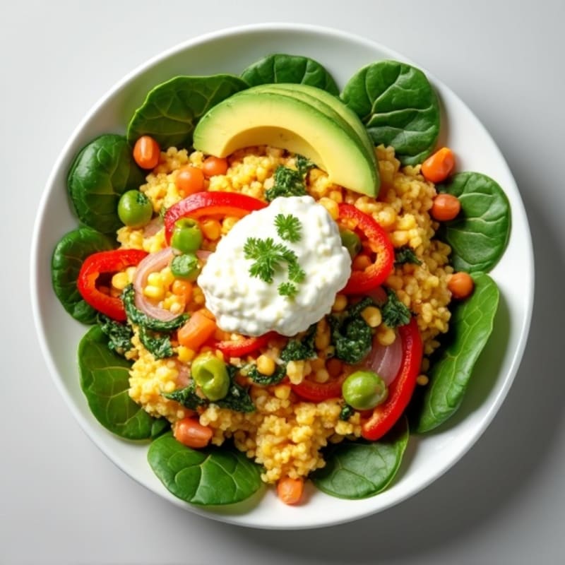 Egg White Veggie Scramble with Cottage Cheese and Spinach