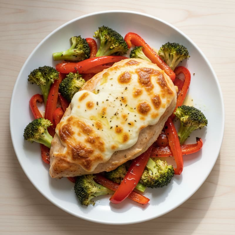 Oven-Baked Chicken Breast with Roasted Vegetables and Cheese